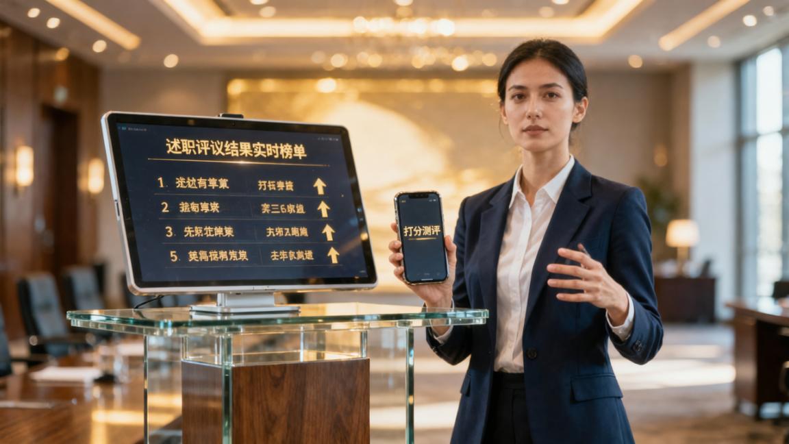 述职评议会散场前，排名已经贴出来了——打分测评扫码即打